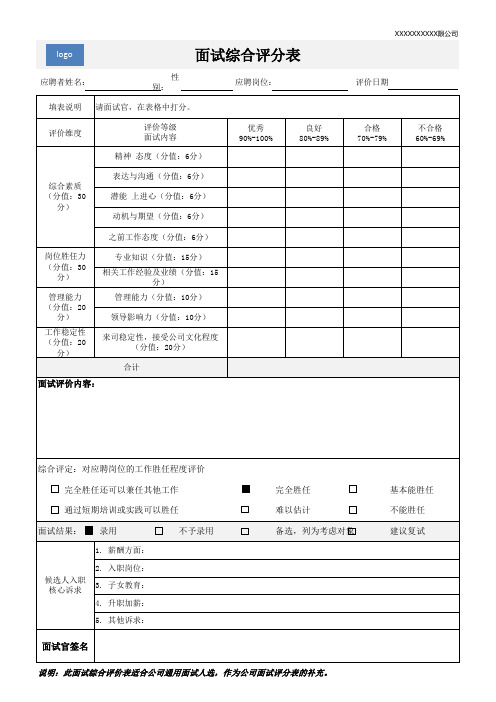 (通用版)面试综合评分表