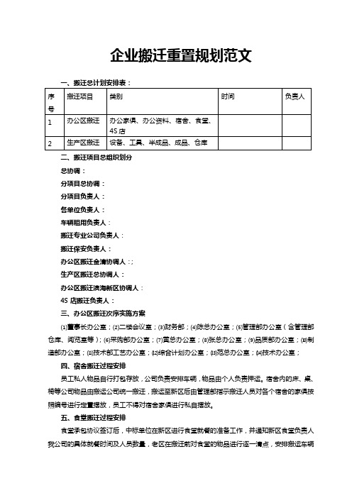 企业搬迁重置规划范文实施方案