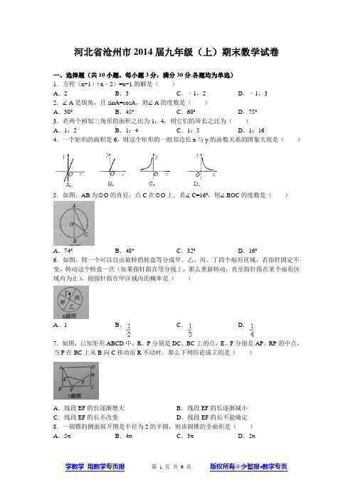 河北省沧州市2014届九年级上学期期末考试数学试题(WORD版)冀教版