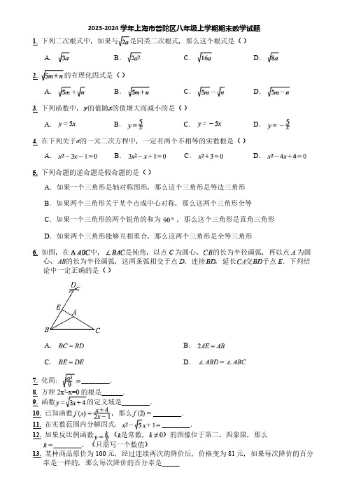 2023-2024学年上海市普陀区八年级上学期期末数学试题