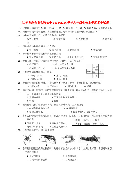 江苏省东台市实验初中八年级生物上学期期中试题 苏科版