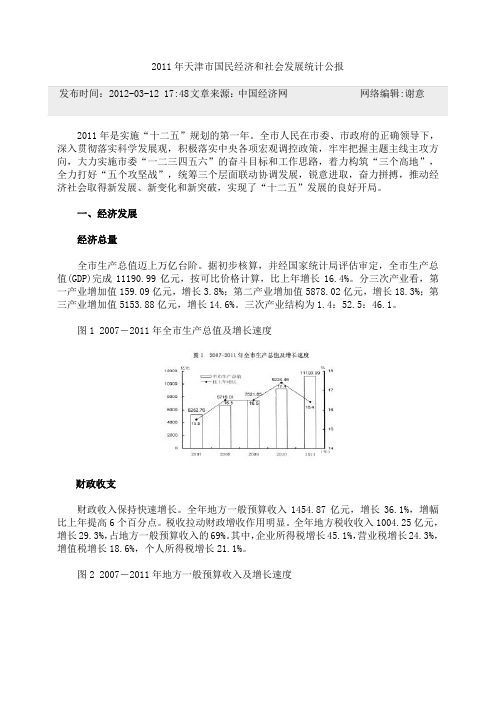 2011年天津市国民经济和社会发展统计公报