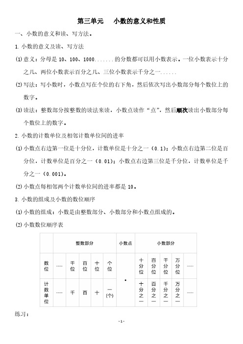 苏教版数学五年级上册第三、四单元知识汇总及练习