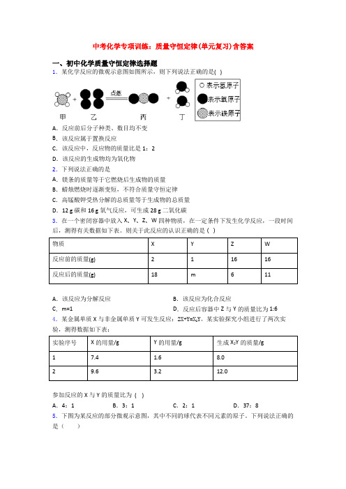 中考化学专项训练：质量守恒定律(单元复习)含答案