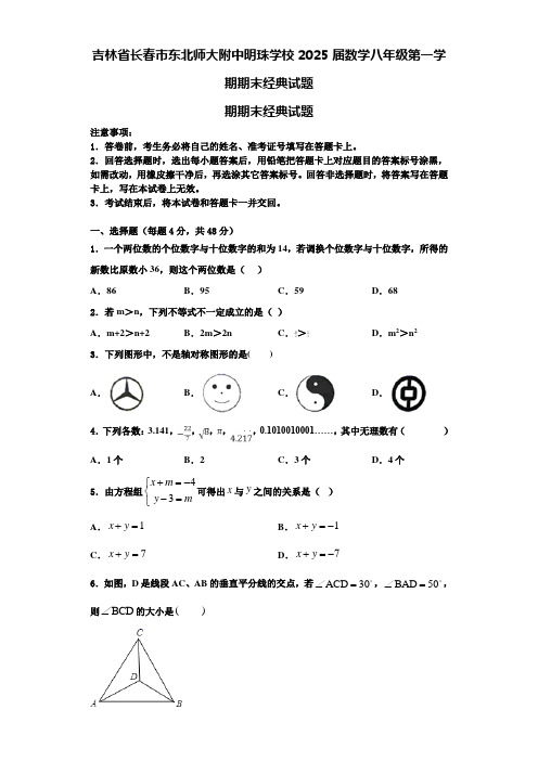 吉林省长春市东北师大附中明珠学校2025届数学八年级第一学期期末经典试题含解析