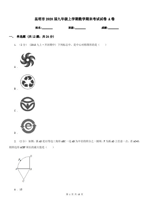 昆明市2020届九年级上学期数学期末考试试卷 A卷