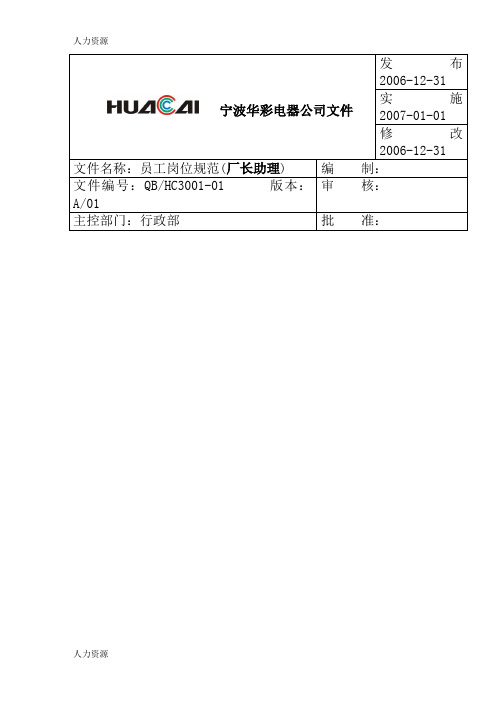 【人力资源】华彩9001程序文件-3级文件-公司各部门岗位规范-恒立分厂岗位规范(doc 21)资料