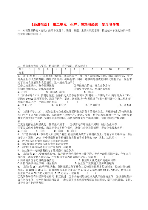 高中政治《经济生活》第二单元 生产、劳动与经营复习学案 新人教版必修1