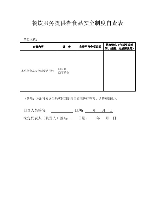 自查表格(中央厨房和集体用餐配送单位)