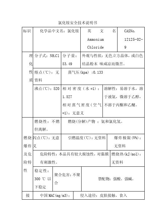 氯化铵安全技术说明书