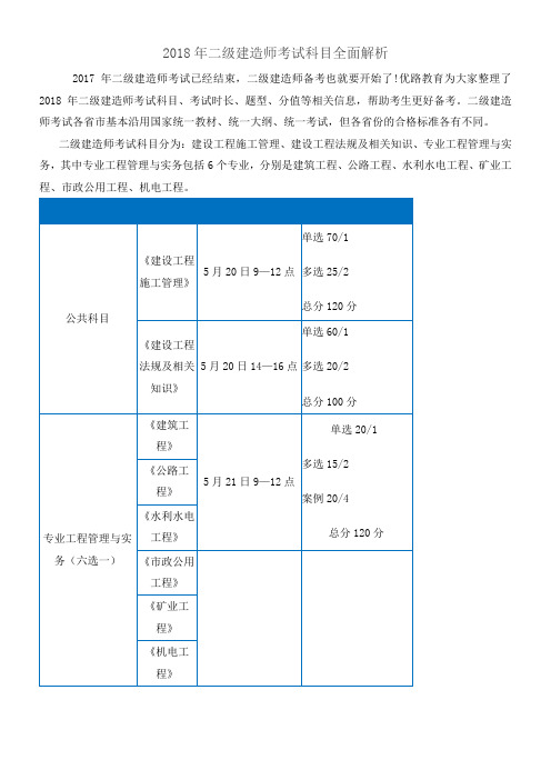 2018年二级建造师考试科目全面解析