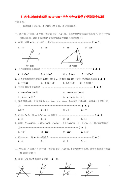 江苏省盐城市建湖县八年级数学下学期期中试题 苏科版