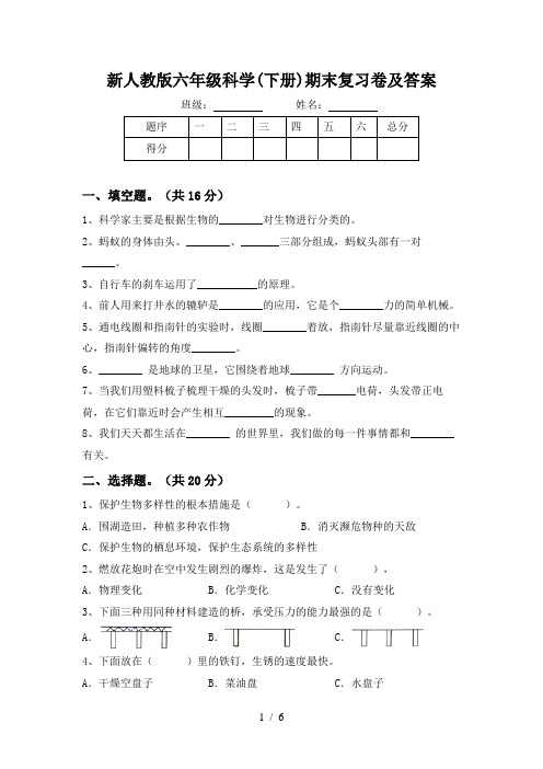 新人教版六年级科学(下册)期末复习卷及答案