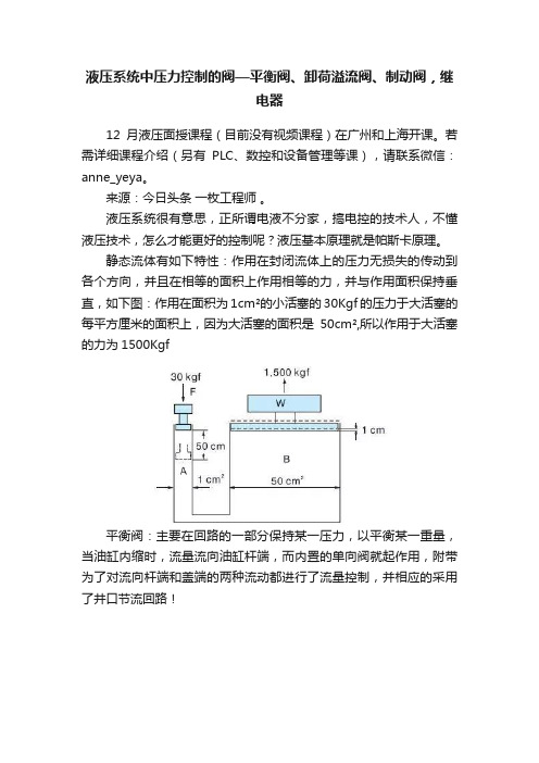 液压系统中压力控制的阀—平衡阀、卸荷溢流阀、制动阀，继电器