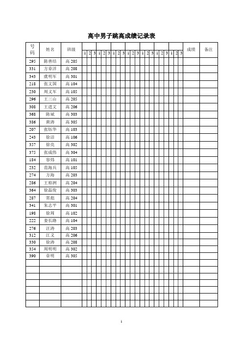 高中男子跳高成绩记录表