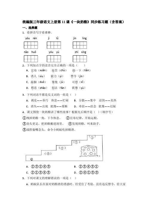 统编版三年级语文上册第11课《一块奶酪》同步练习题(含答案)