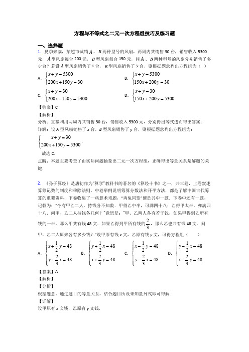 方程与不等式之二元一次方程组技巧及练习题