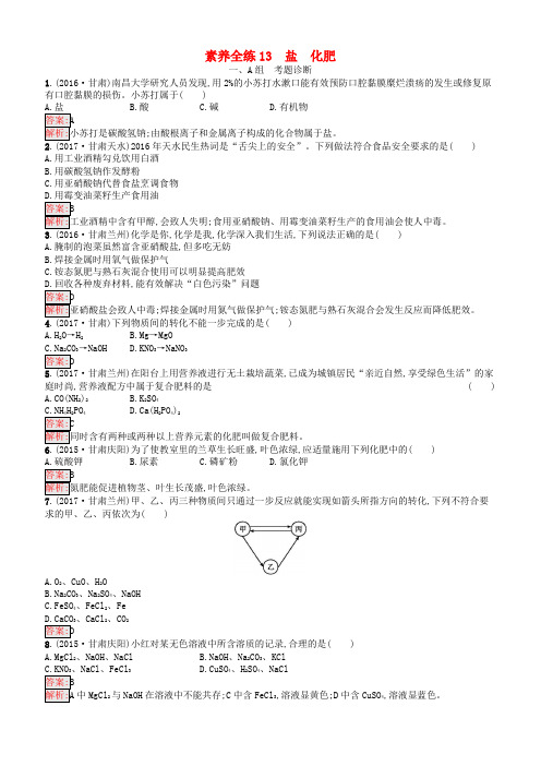 课标通用甘肃省2019年中考化学总复习素养全练13盐化肥试题【有答案】