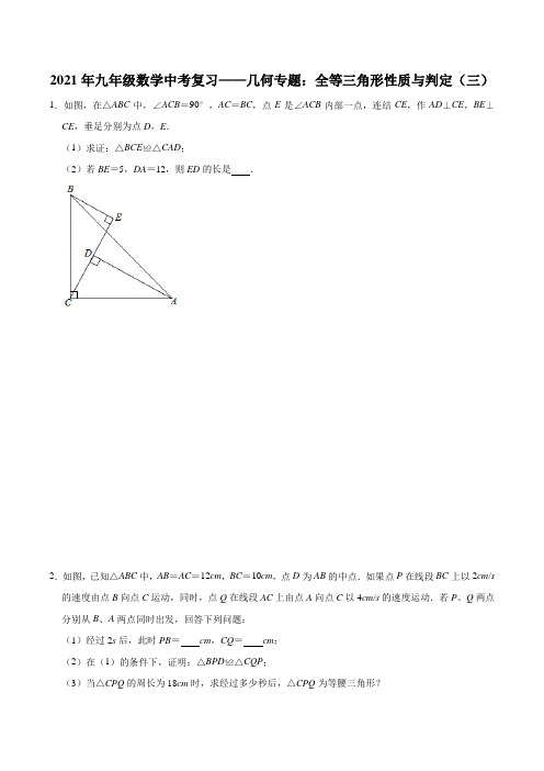 2021年九年级数学中考复习——几何专题：全等三角形性质与判定(三)