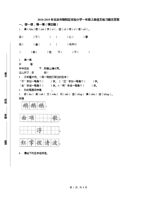 2018-2019年北京市朝阳区实验小学一年级上册语文练习题无答案