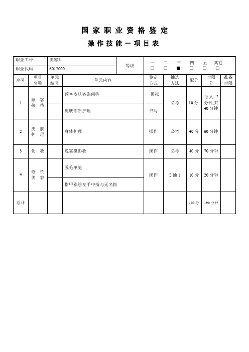 美容师三年级操作技能项目表细目表试题表