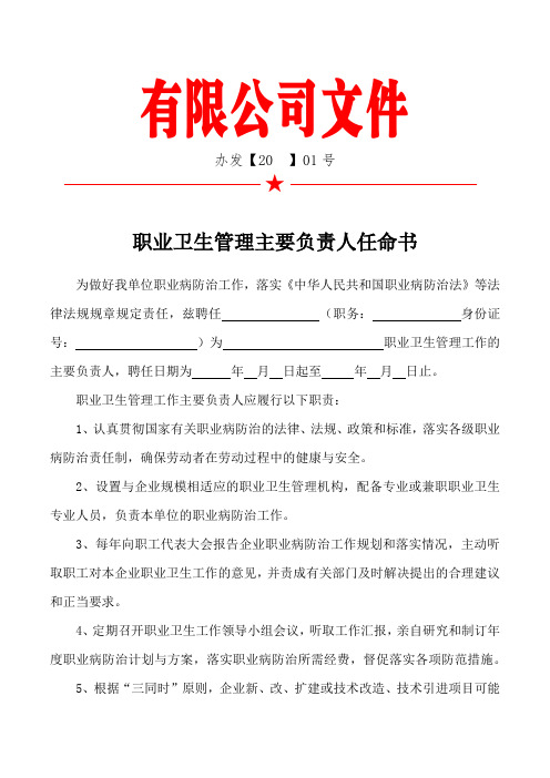 职业卫生管理主要负责人任命书