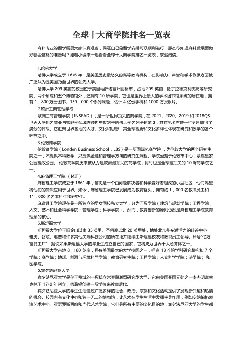 全球十大商学院排名一览表