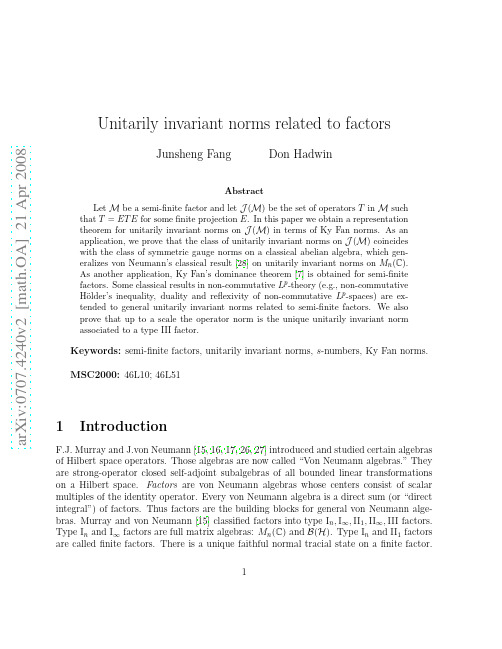 Unitarily invariant norms related to factors