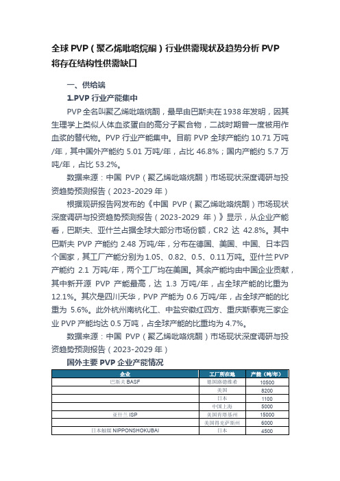 全球PVP（聚乙烯吡咯烷酮）行业供需现状及趋势分析PVP将存在结构性供需缺口