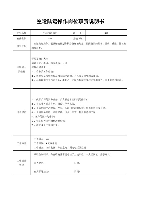 空运陆运操作岗位职责说明书[精美打印版本]