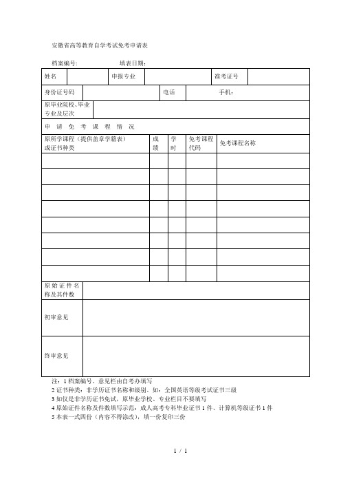 安徽省高等教育自学考试免考申请表