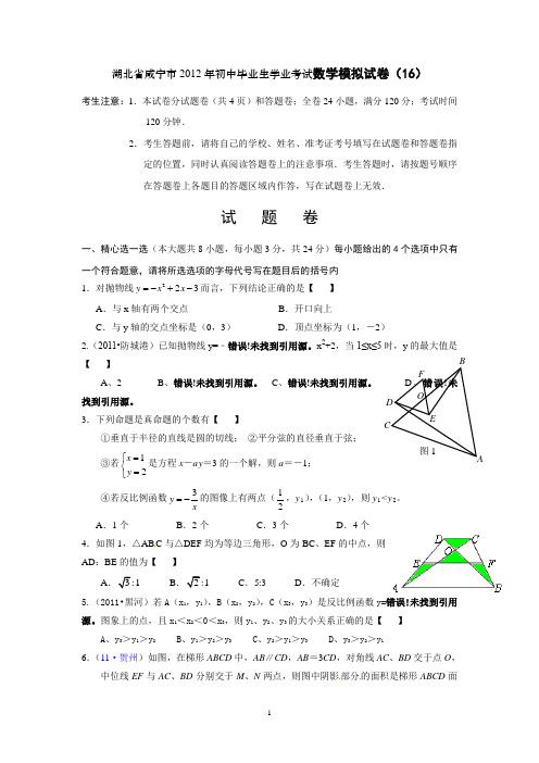 咸宁市2012年初中毕业生学业考试数学模拟试卷(16)