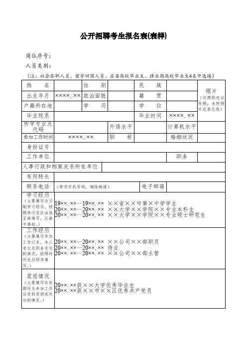 公开招聘考生报名表(表样)