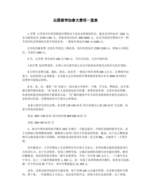 出国留学加拿大费用一览表