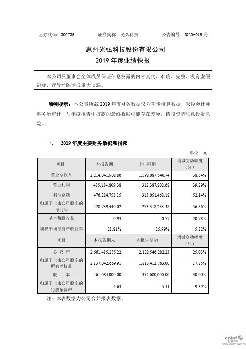 光弘科技：2019年度业绩快报