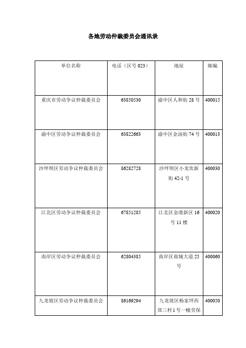 重庆市各地劳动仲裁委员会通讯录