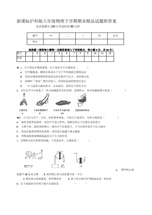 新课标沪科版八年级物理下学期期末精品试题附答案.docx