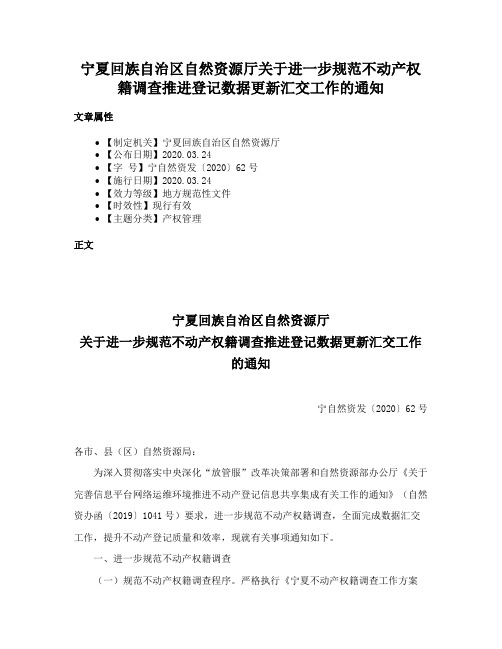 宁夏回族自治区自然资源厅关于进一步规范不动产权籍调查推进登记数据更新汇交工作的通知