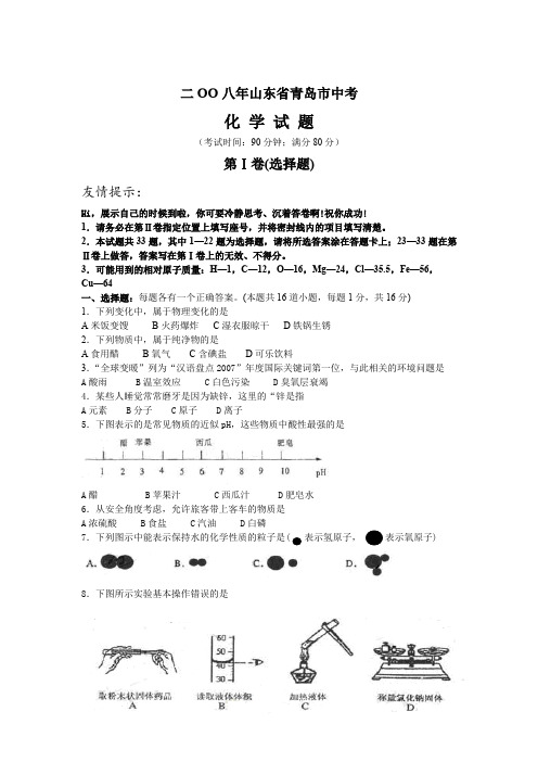 2008年山东省青岛市中考化学试题及答案