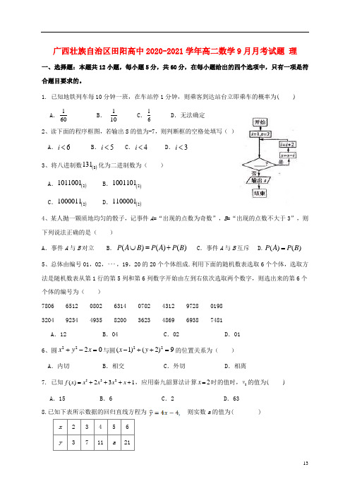 广西省高中2020-2021学年高二数学9月月考试题 理