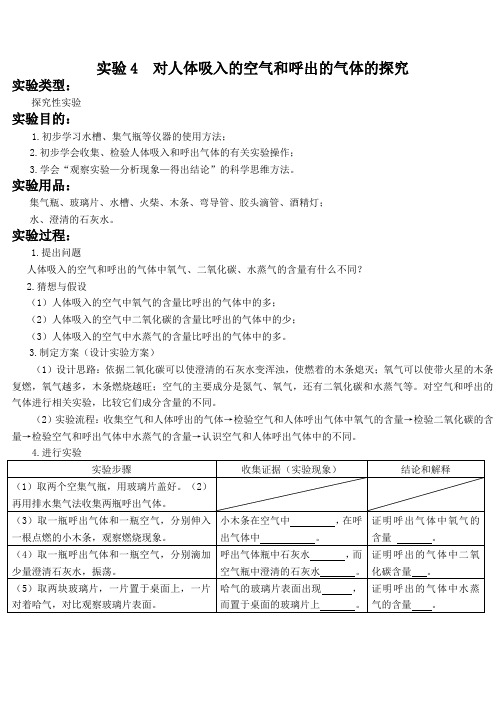 实验4  对人体吸入的空气和呼出的气体的探究 实验报告