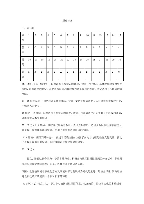 北京市第四十三中学2020-2021学年高二上学期12月月考历史答案