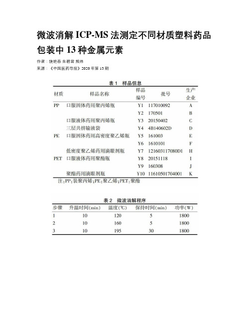 微波消解ICP-MS法测定不同材质塑料药品包装中13种金属元素