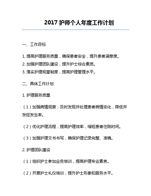 2017护师个人年度工作计划