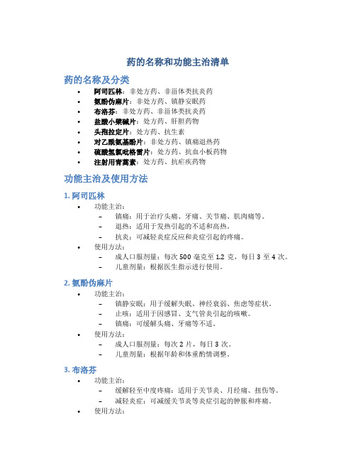 药的名称和功能主治清单