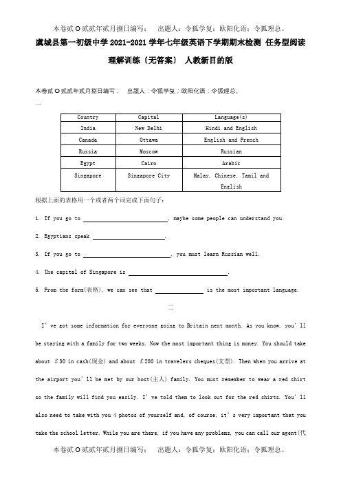 七年级英语下学期期末检测任务型阅读理解训练目标试题