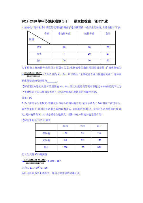 苏教版高中数学选修1-2  独立性检验   课时作业