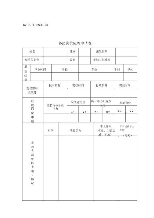 各级岗位应聘申请表