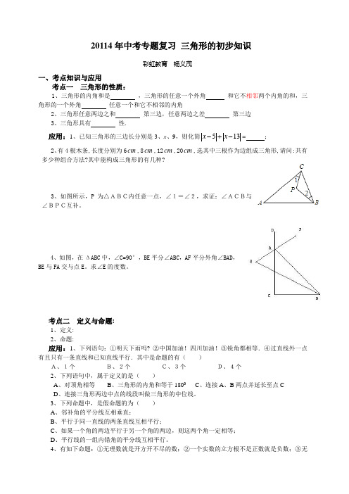 2014年中考专题复习  三角形的初步知识