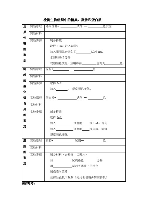 人教版高中生物必修1-2.1《检测生物组织中的糖类、脂肪和蛋白质》学案